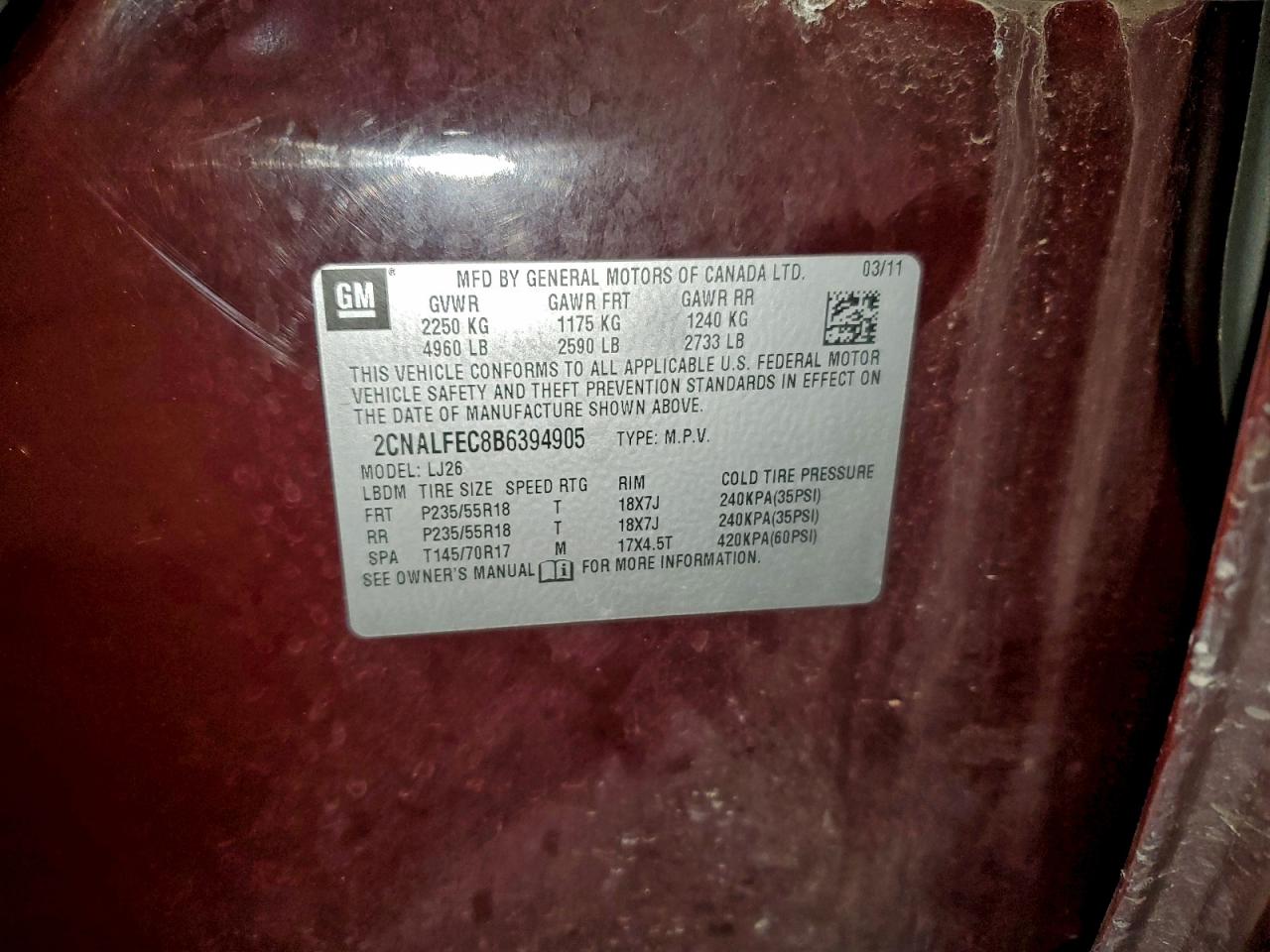 2011 Chevrolet Equinox Ltz VIN: 2CNALFEC8B6394905 Lot: 94315215