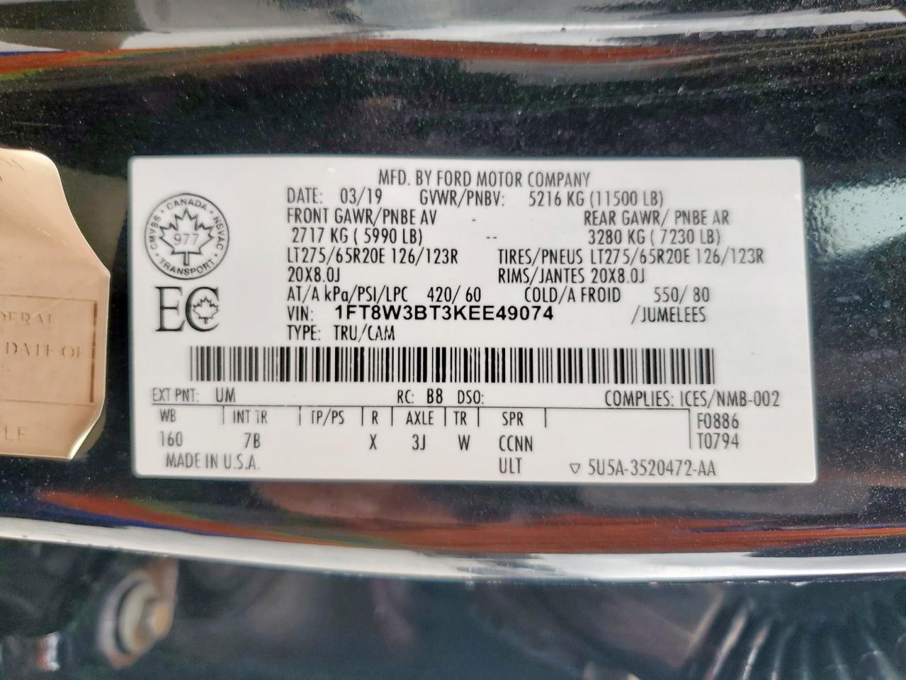 2019 Ford F350 Super Duty VIN: 1FT8W3BT3KEE49074 Lot: 93285835