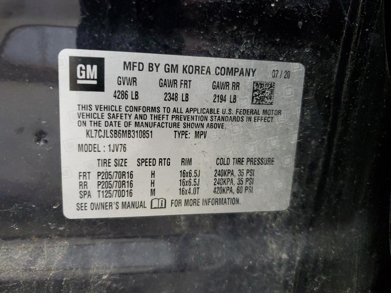 2021 Chevrolet Trax 1Lt VIN: KL7CJLSB6MB310851 Lot: 90587075