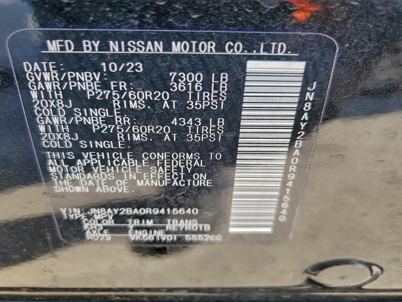 2024 Nissan Armada Sl VIN: JN8AY2BA0R9415640 Lot: 92401225