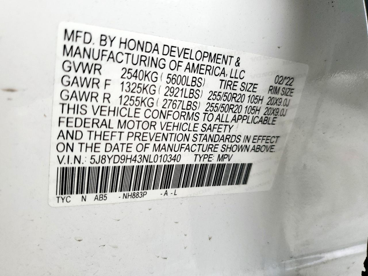 2022 Acura Mdx Technology VIN: 5J8YD9H43NL010340 Lot: 93383065