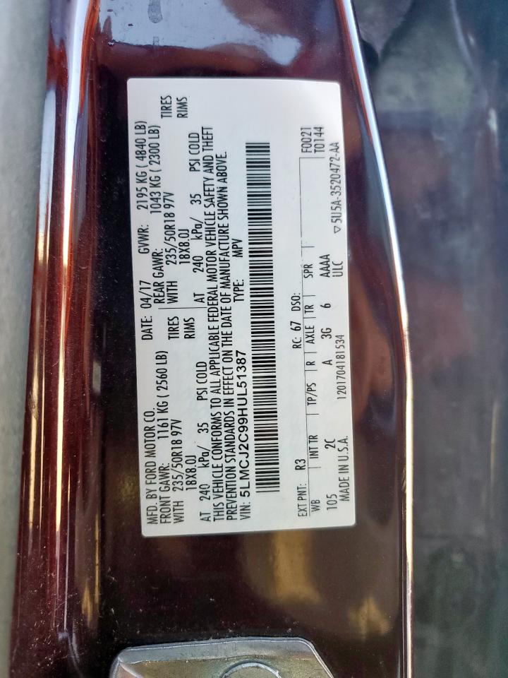 2017 Lincoln Mkc Select VIN: 5LMCJ2C99HUL51387 Lot: 91919665