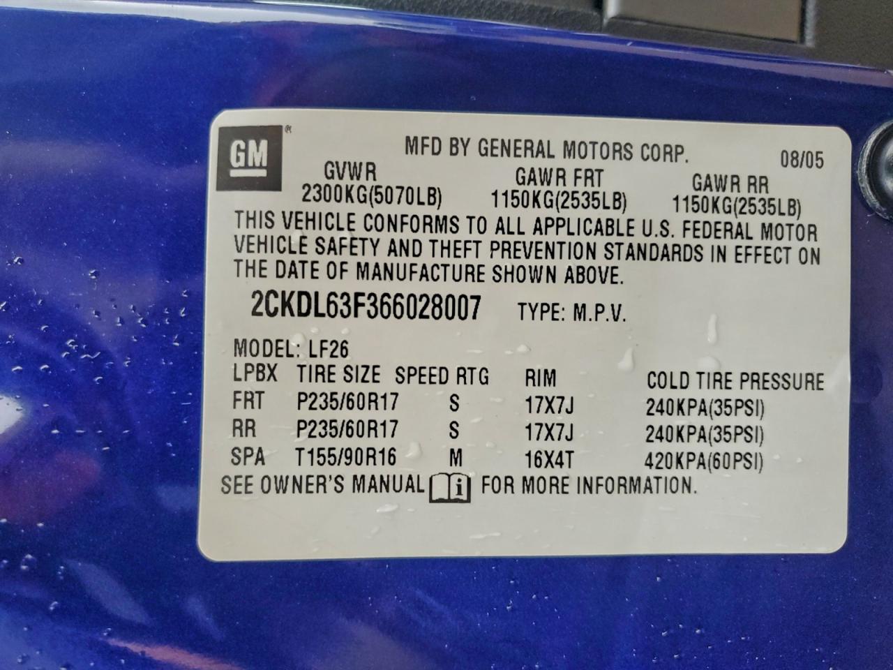 2006 Pontiac Torrent VIN: 2CKDL63F366028007 Lot: 94341935