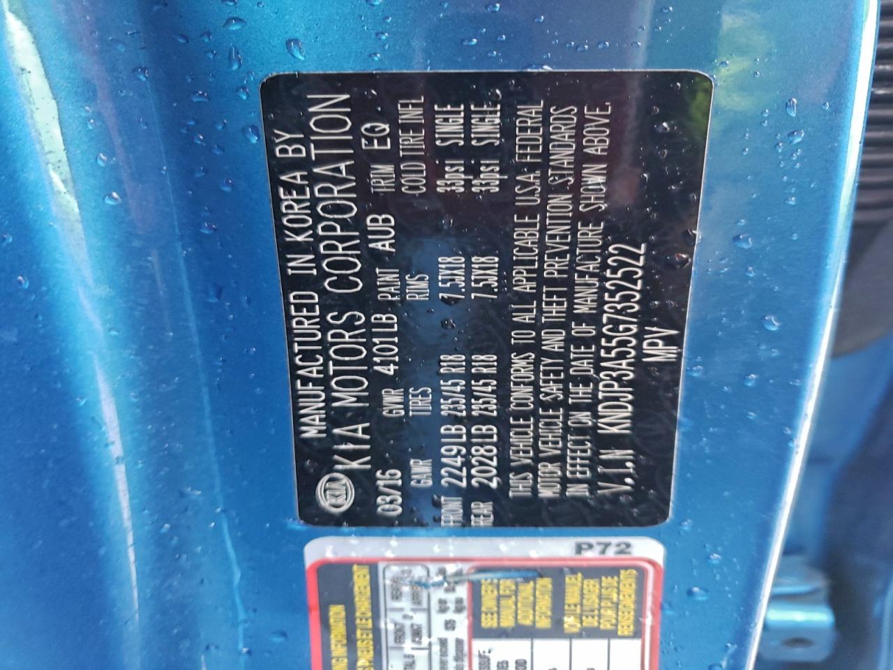 2016 Kia Soul + VIN: KNDJP3A55G7352522 Lot: 93966495