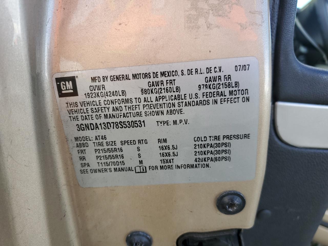 2008 Chevrolet Hhr Ls VIN: 3GNDA13D78S530531 Lot: 93480215