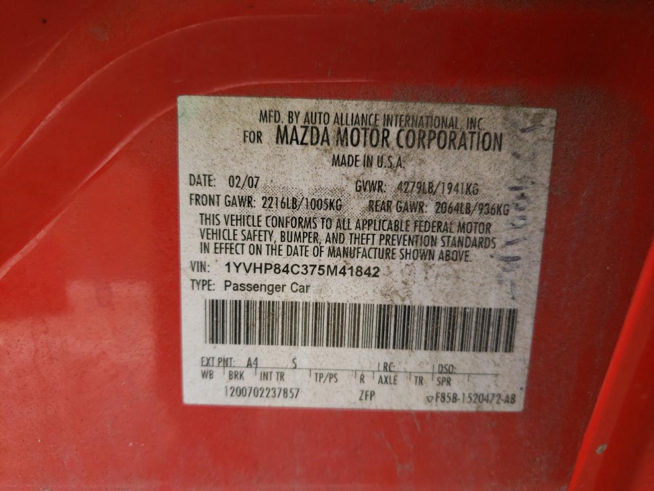 2007 Mazda 6 I VIN: 1YVHP84C375M41842 Lot: 92609785