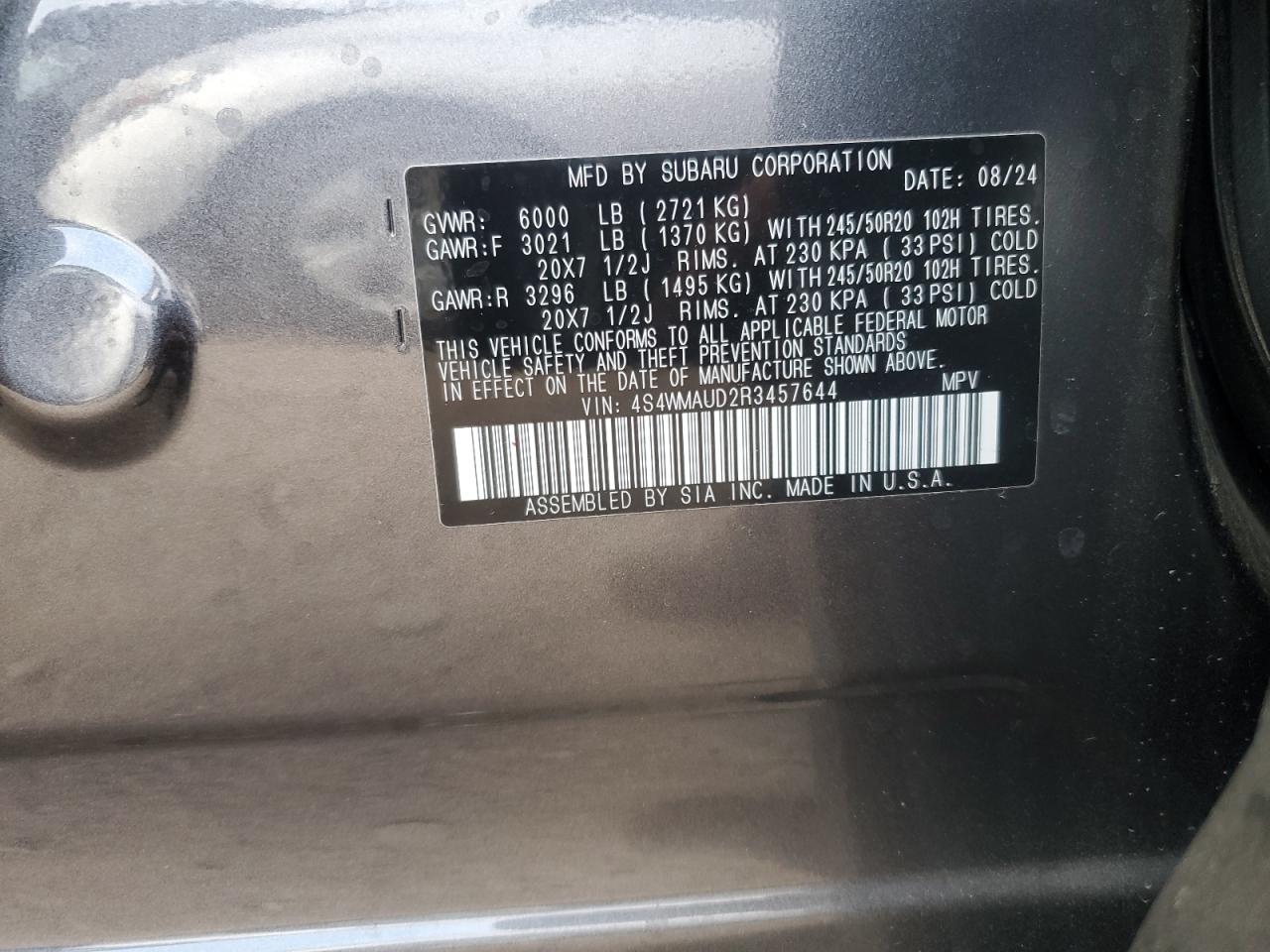 2024 Subaru Ascent Limited VIN: 4S4WMAUD2R3457644 Lot: 91102285