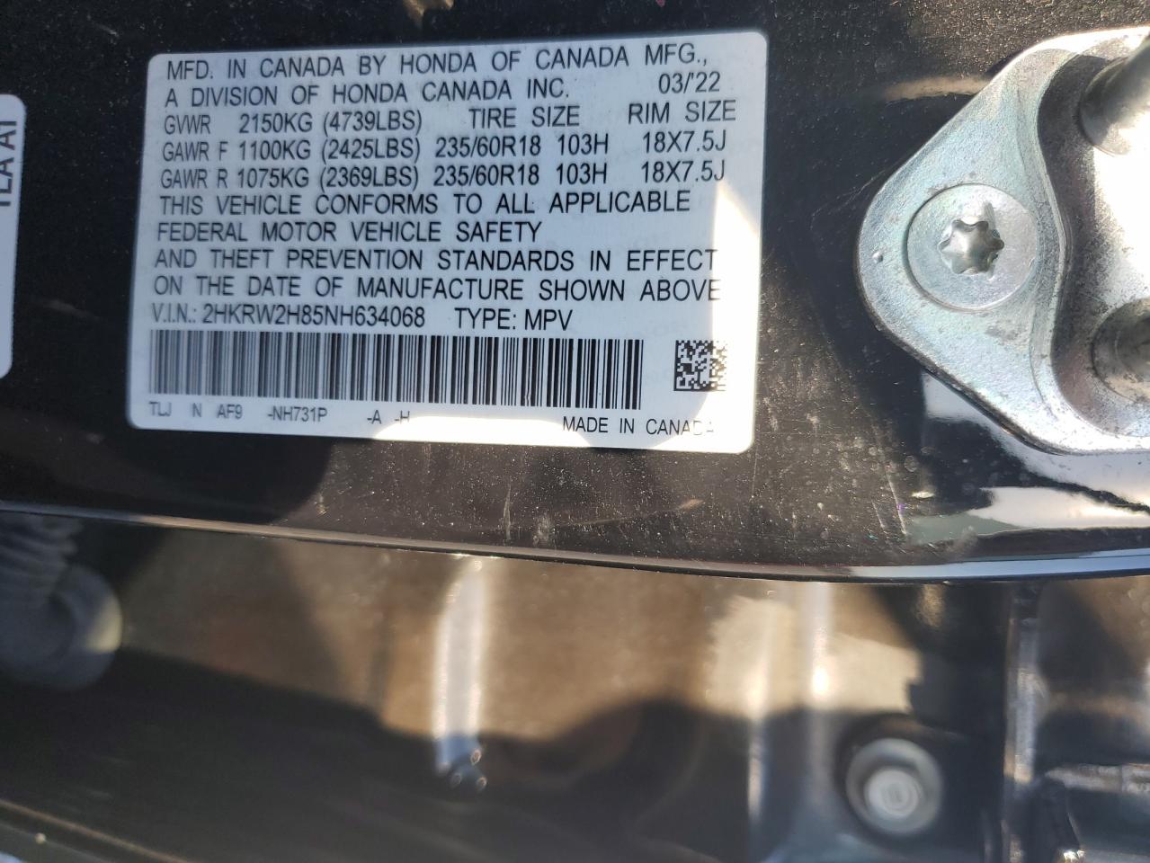 2022 Honda Cr-V Exl VIN: 2HKRW2H85NH634068 Lot: 91459705