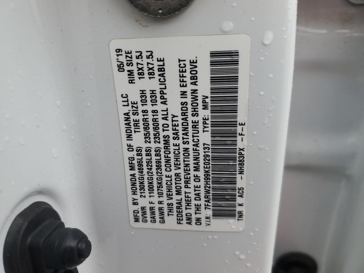 2019 Honda Cr-V Touring VIN: 7FARW2H99KE029137 Lot: 92919375