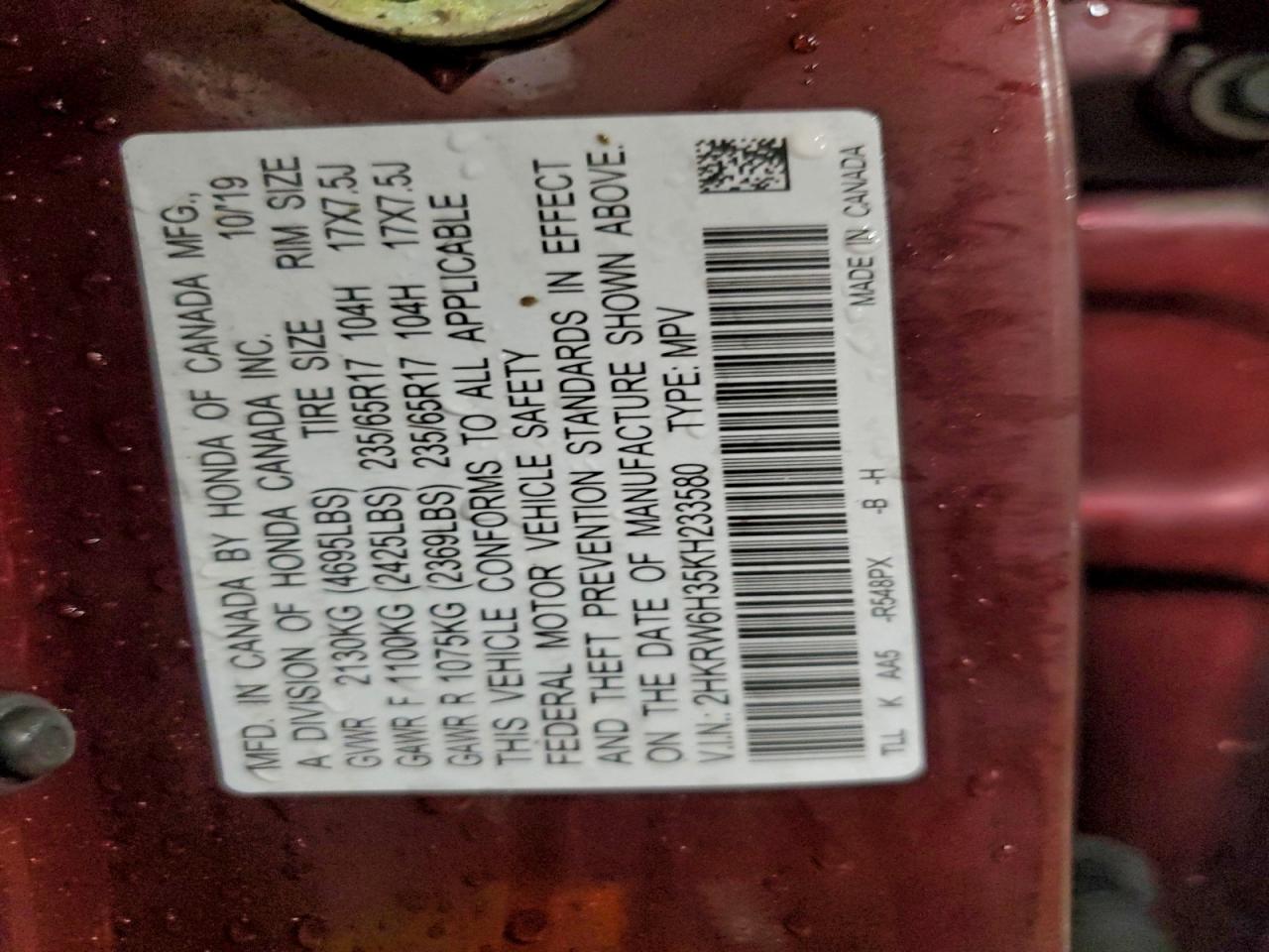 2019 Honda Cr-V Lx VIN: 2HKRW6H35KH233580 Lot: 94322475