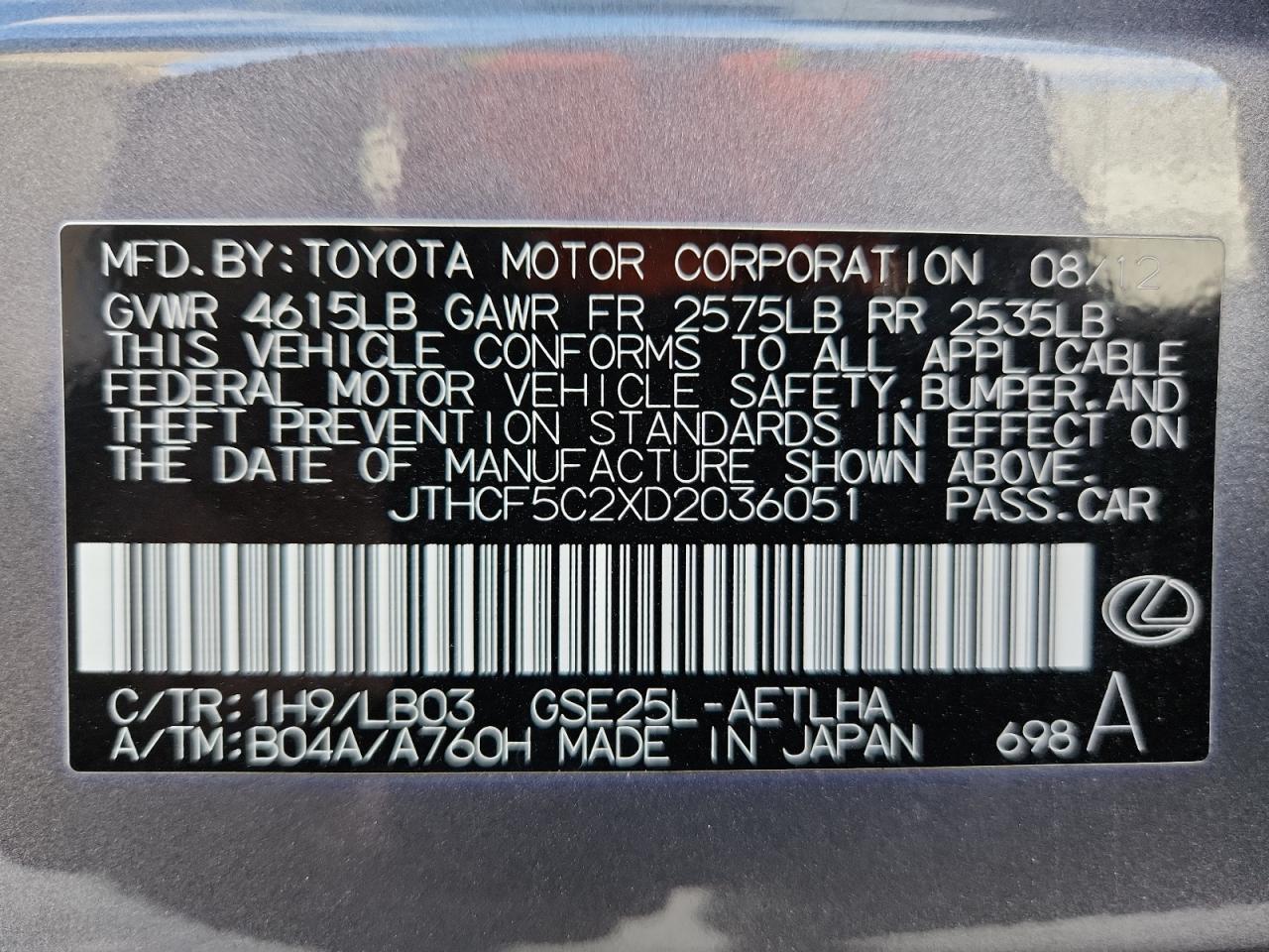 2013 Lexus Is 250 VIN: JTHCF5C2XD2036051 Lot: 92837555