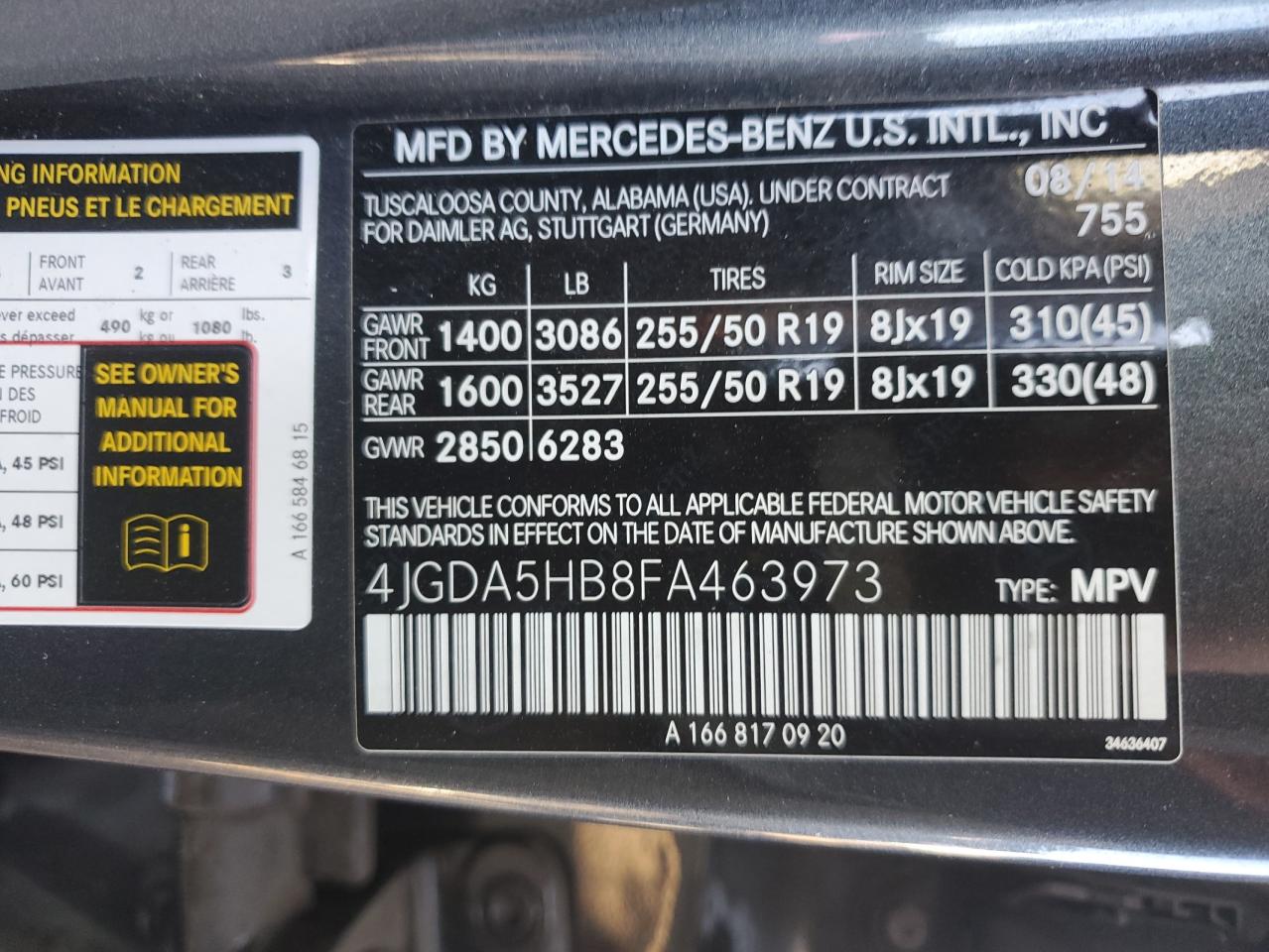 2015 Mercedes-Benz Ml 350 4Matic VIN: 4JGDA5HB8FA463973 Lot: 91665265