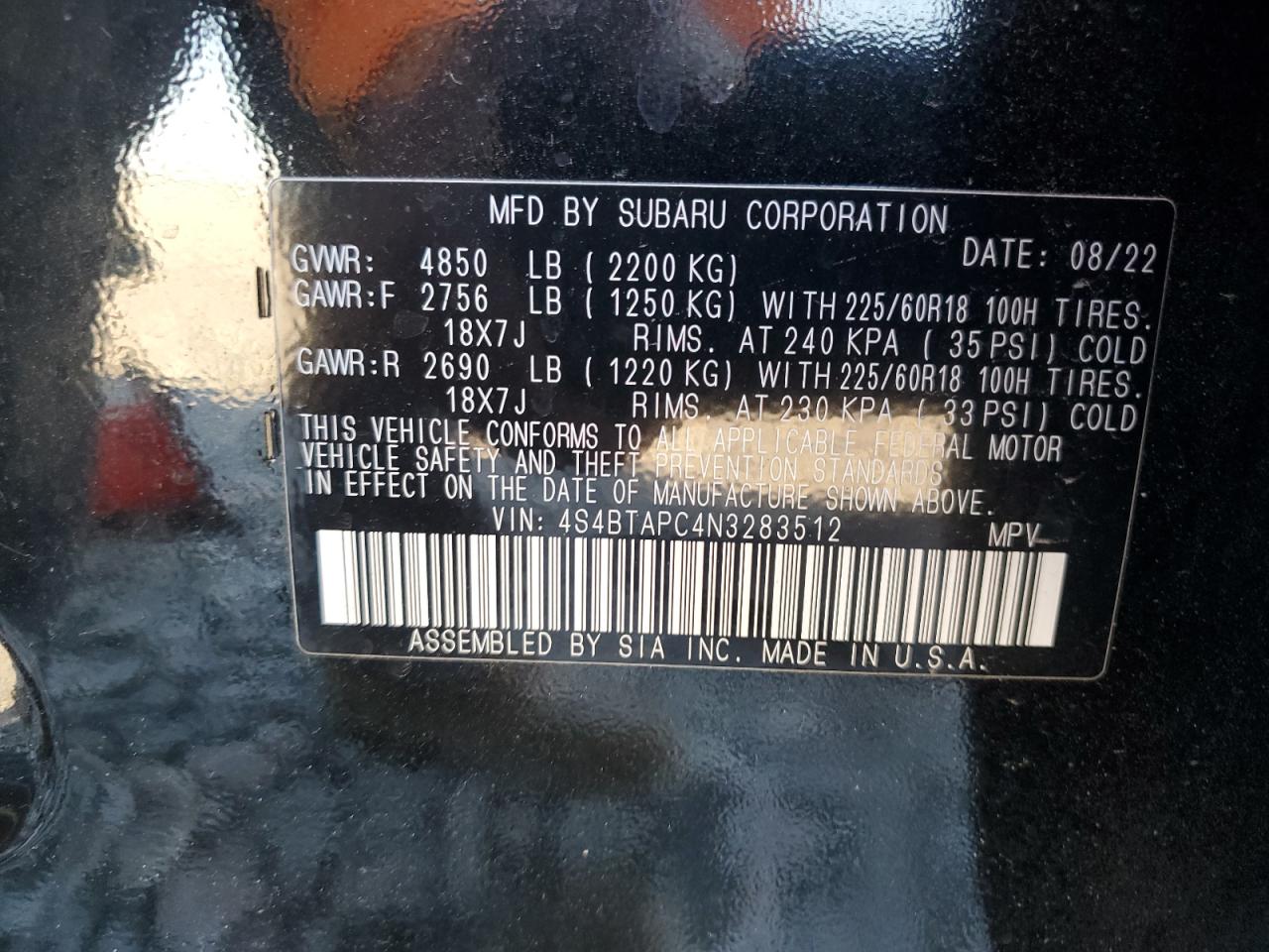 2022 Subaru Outback Touring VIN: 4S4BTAPC4N3283512 Lot: 94050765