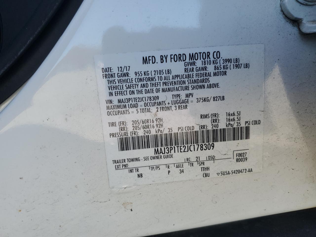 2018 Ford Ecosport Se VIN: MAJ3P1TE2JC178309 Lot: 92989205