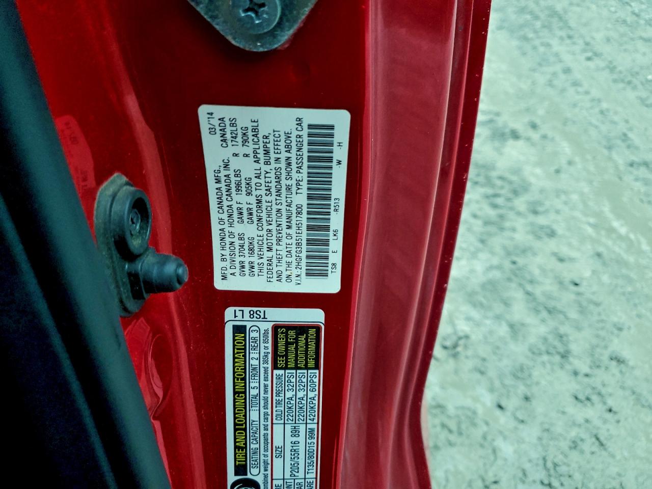 2014 Honda Civic Lx VIN: 2HGFG3B51EH517800 Lot: 94481905