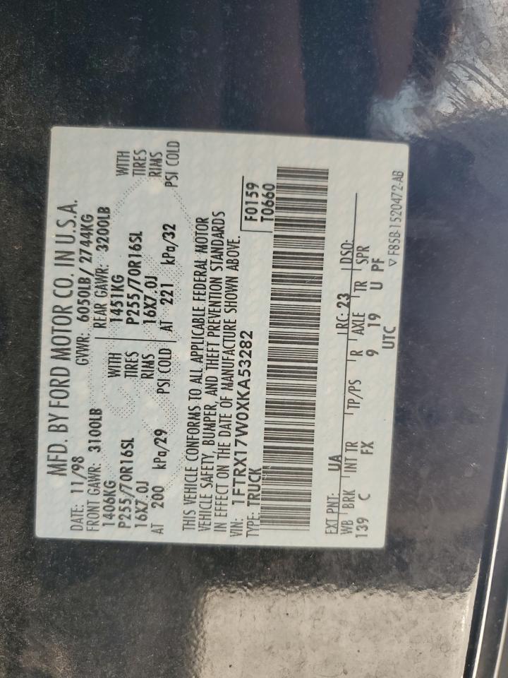 1999 Ford F150 VIN: 1FTRX17W0XKA53282 Lot: 91359635