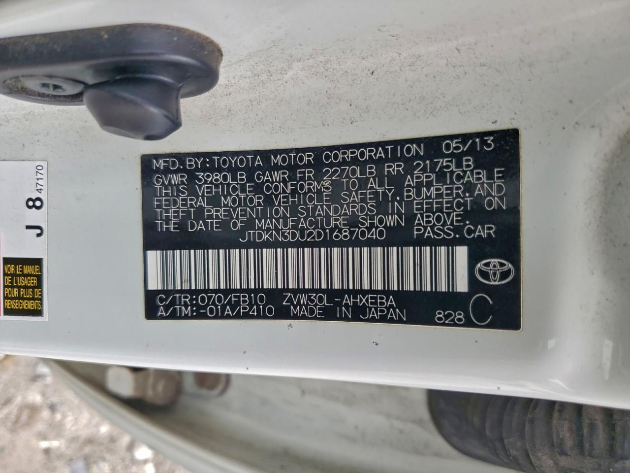 2013 Toyota Prius VIN: JTDKN3DU2D1687040 Lot: 94032485