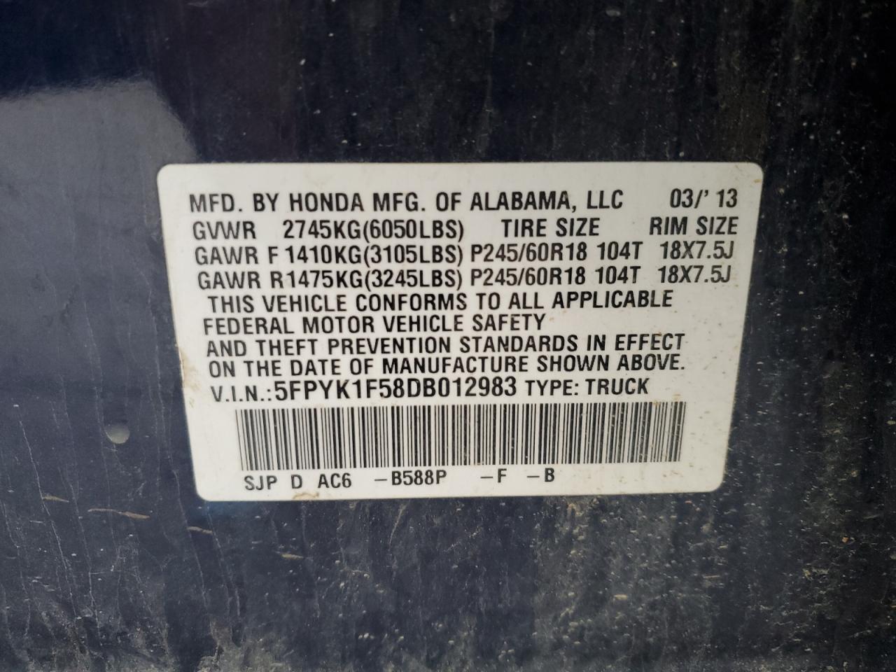 2013 Honda Ridgeline Rtl VIN: 5FPYK1F58DB012983 Lot: 93144425