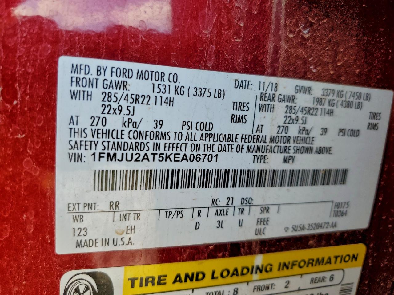 2019 Ford Expedition Limited VIN: 1FMJU2AT5KEA06701 Lot: 94049695