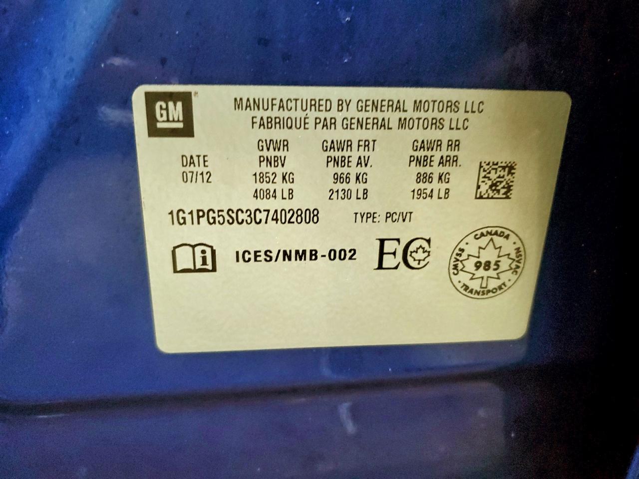 2012 Chevrolet Cruze Lt VIN: 1G1PG5SC3C7402808 Lot: 92434305