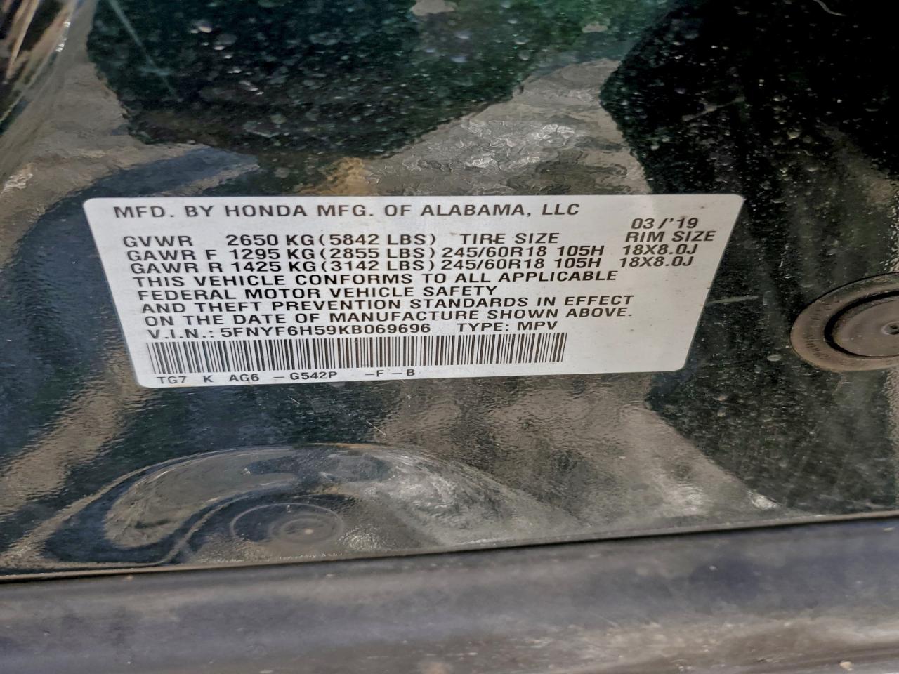 2019 Honda Pilot Exl VIN: 5FNYF6H59KB069696 Lot: 94693635