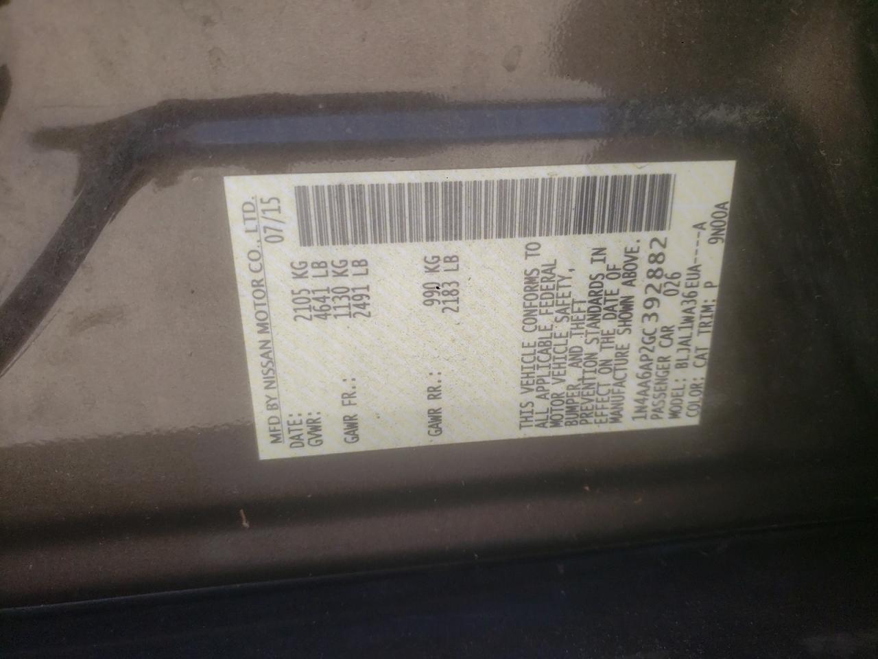 2016 Nissan Maxima 3.5S VIN: 1N4AA6AP2GC392882 Lot: 91867125