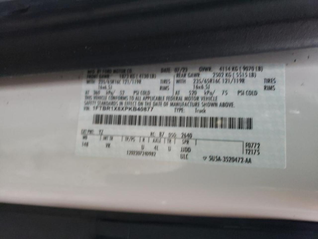 2023 Ford Transit Delivery Van VIN: 1FTBR1X8XPKB40877 Lot: 91641375