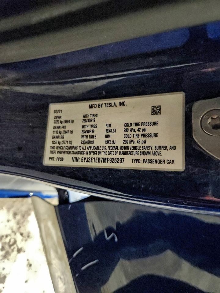 2021 Tesla Model 3 VIN: 5YJ3E1EB7MF925297 Lot: 93306245