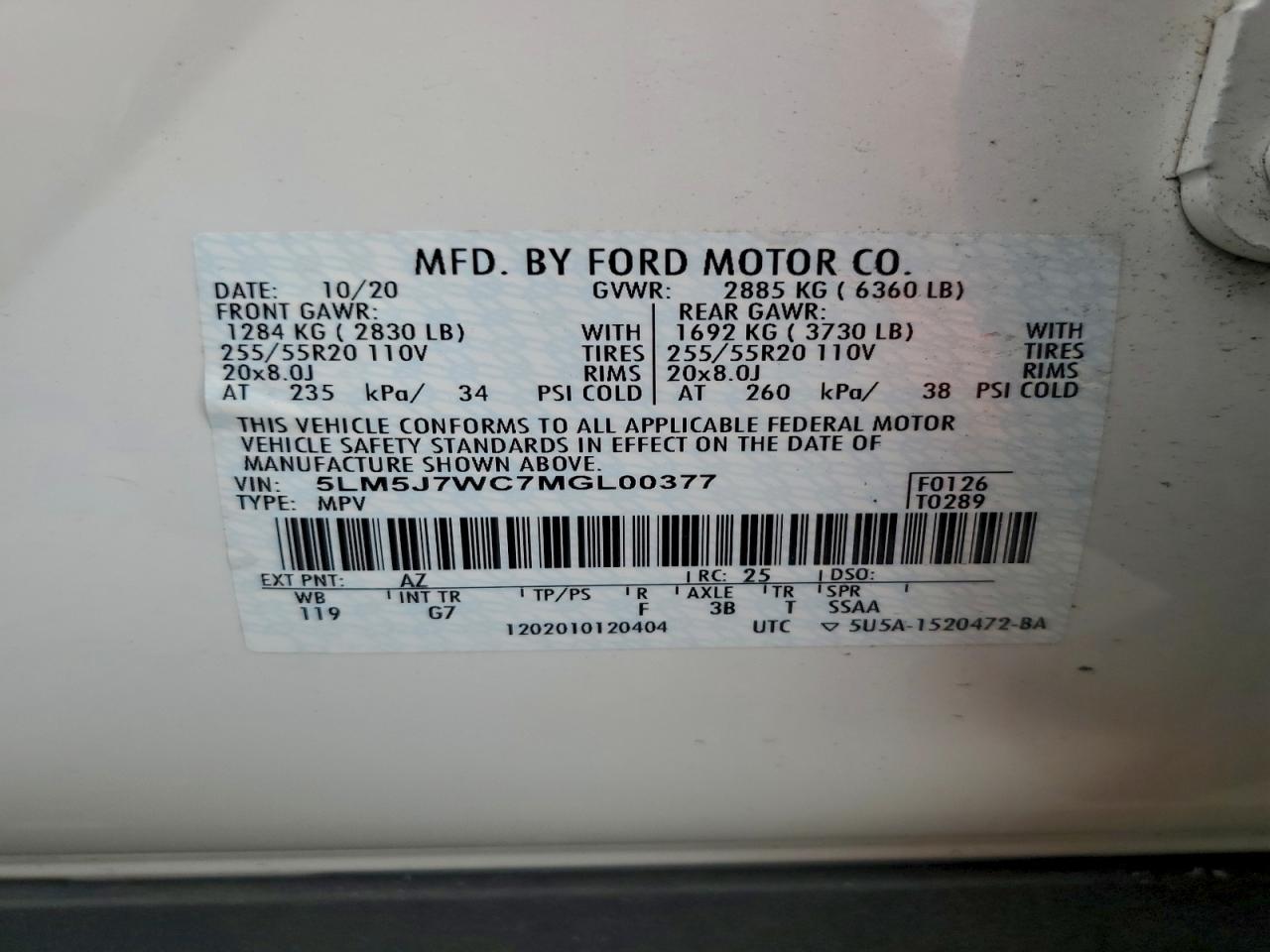 2021 Lincoln Aviator Reserve VIN: 5LM5J7WC7MGL00377 Lot: 94219725