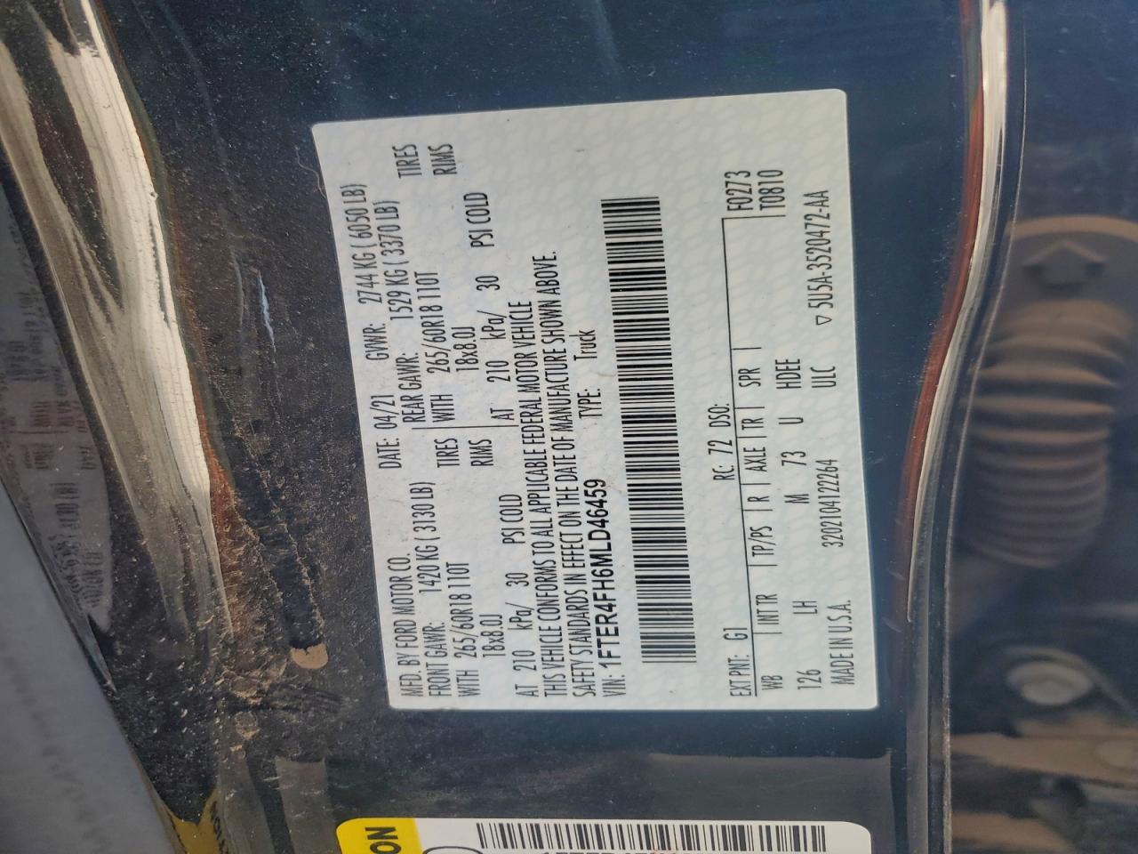 2021 Ford Ranger Xl VIN: 1FTER4FH6MLD46459 Lot: 91283115