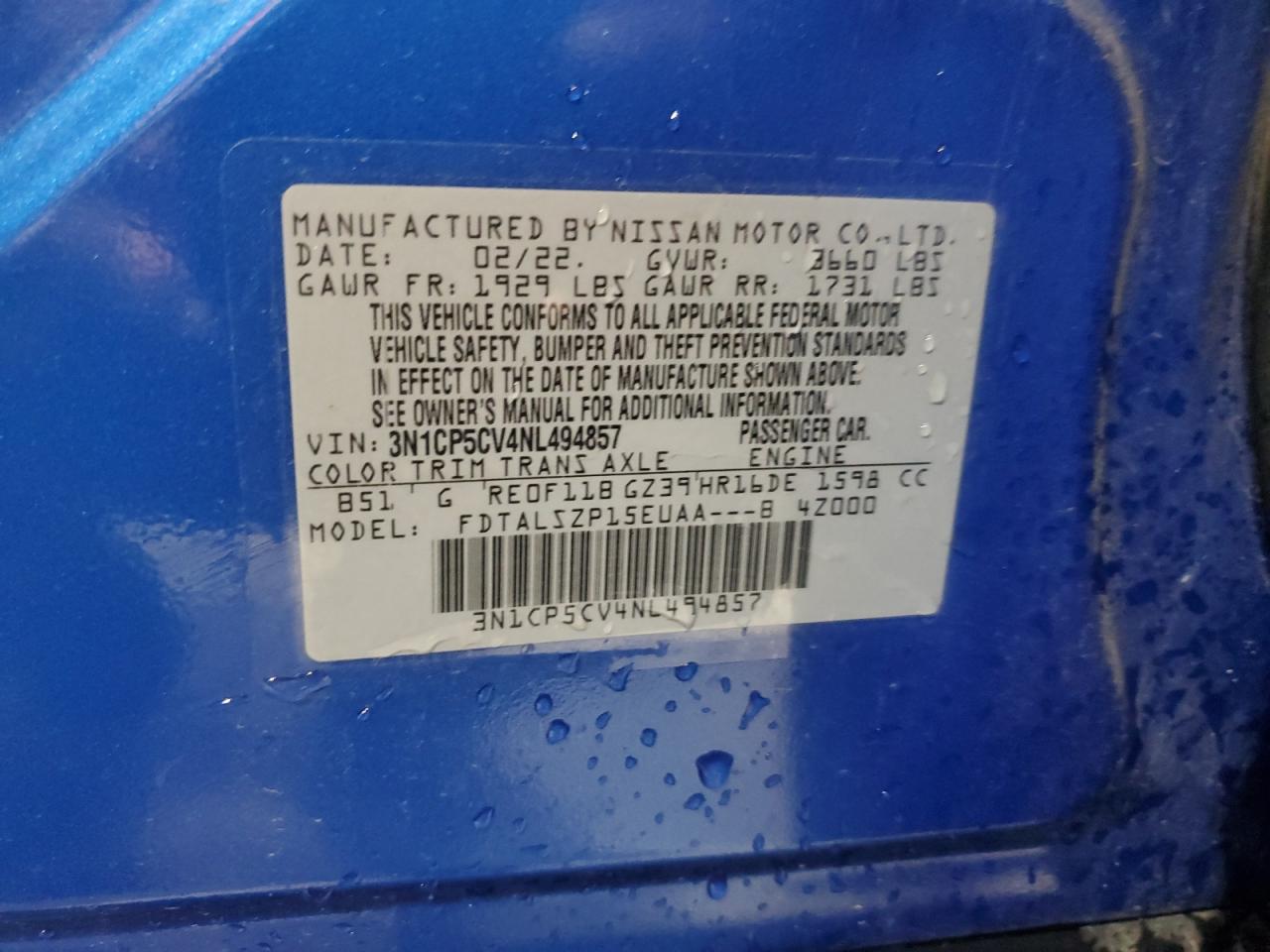 2022 Nissan Kicks Sv VIN: 3N1CP5CV4NL494857 Lot: 91987205