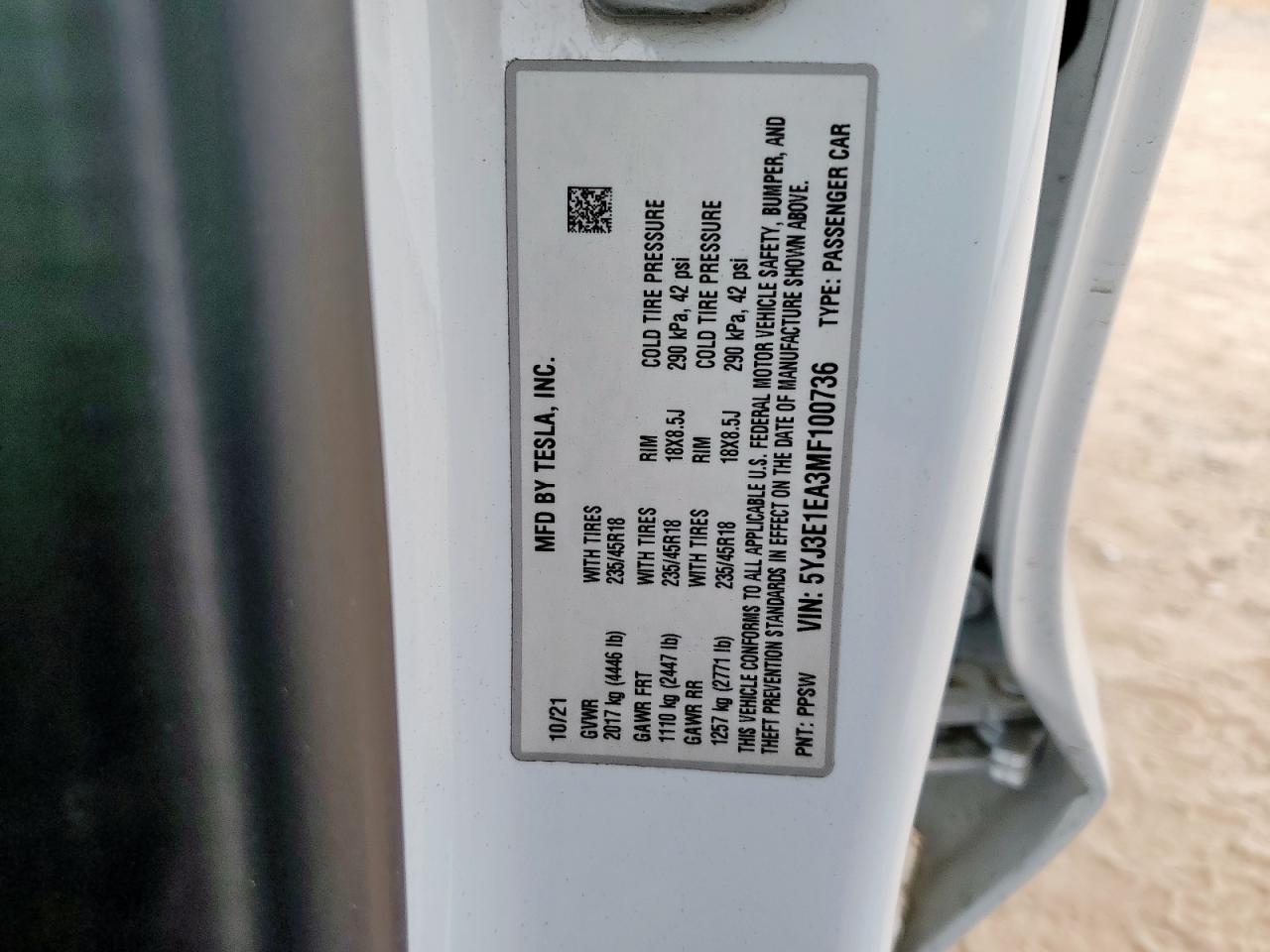 2021 Tesla Model 3 VIN: 5YJ3E1EA3MF100736 Lot: 93284025