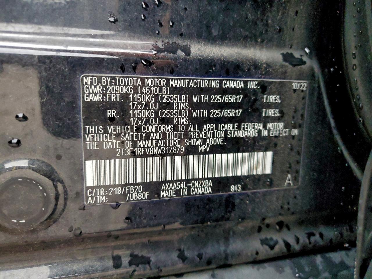 2022 Toyota Rav4 Le VIN: 2T3F1RFV8NW317879 Lot: 94394985