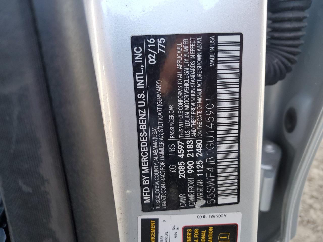 2016 Mercedes-Benz C 300 VIN: 55SWF4JB1GU145901 Lot: 85431105