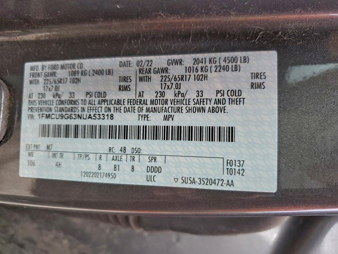 2022 Ford Escape Se VIN: 1FMCU9G63NUA53318 Lot: 94090915