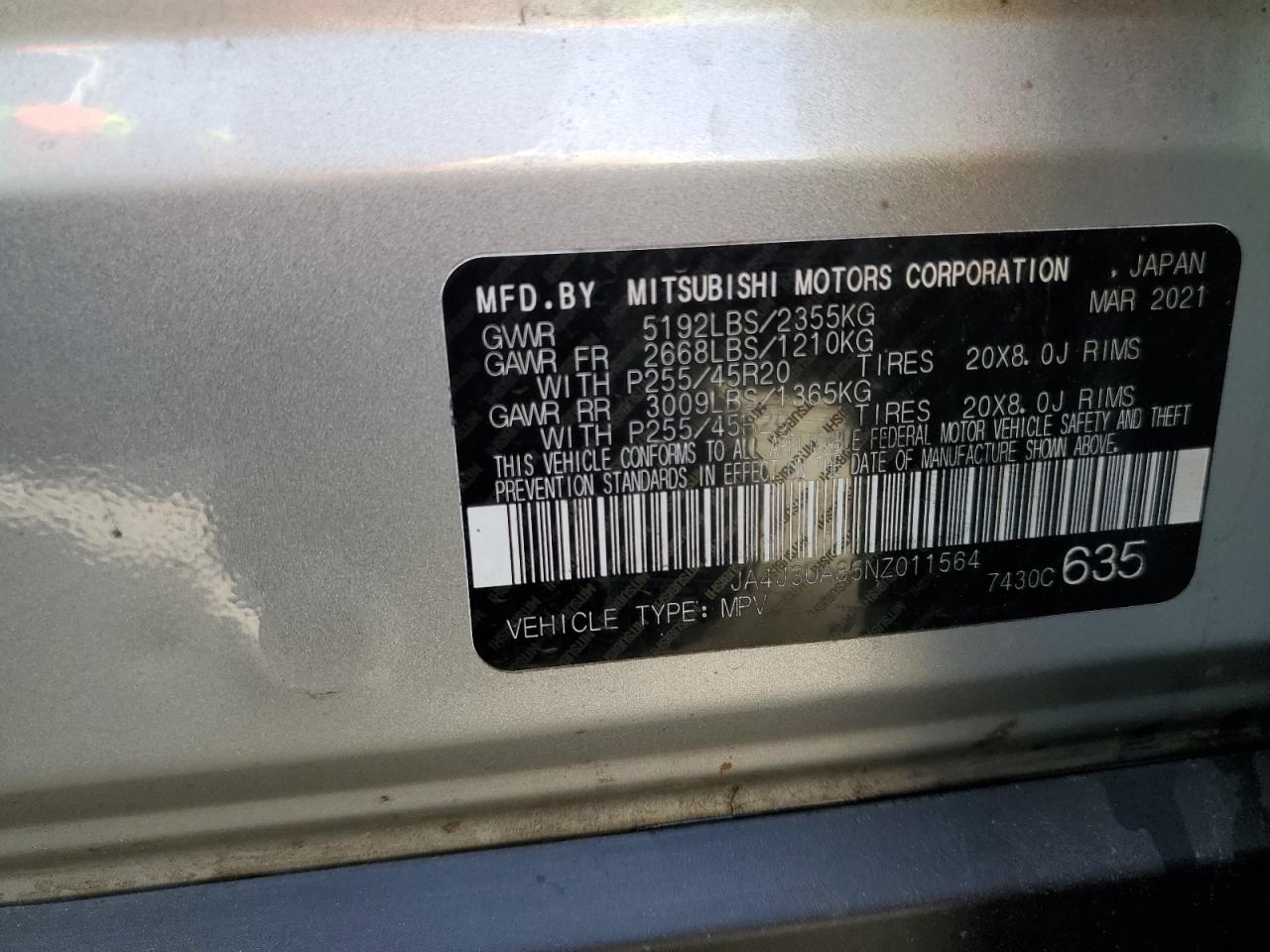 2022 Mitsubishi Outlander Se VIN: JA4J3UA85NZ011564 Lot: 91388525