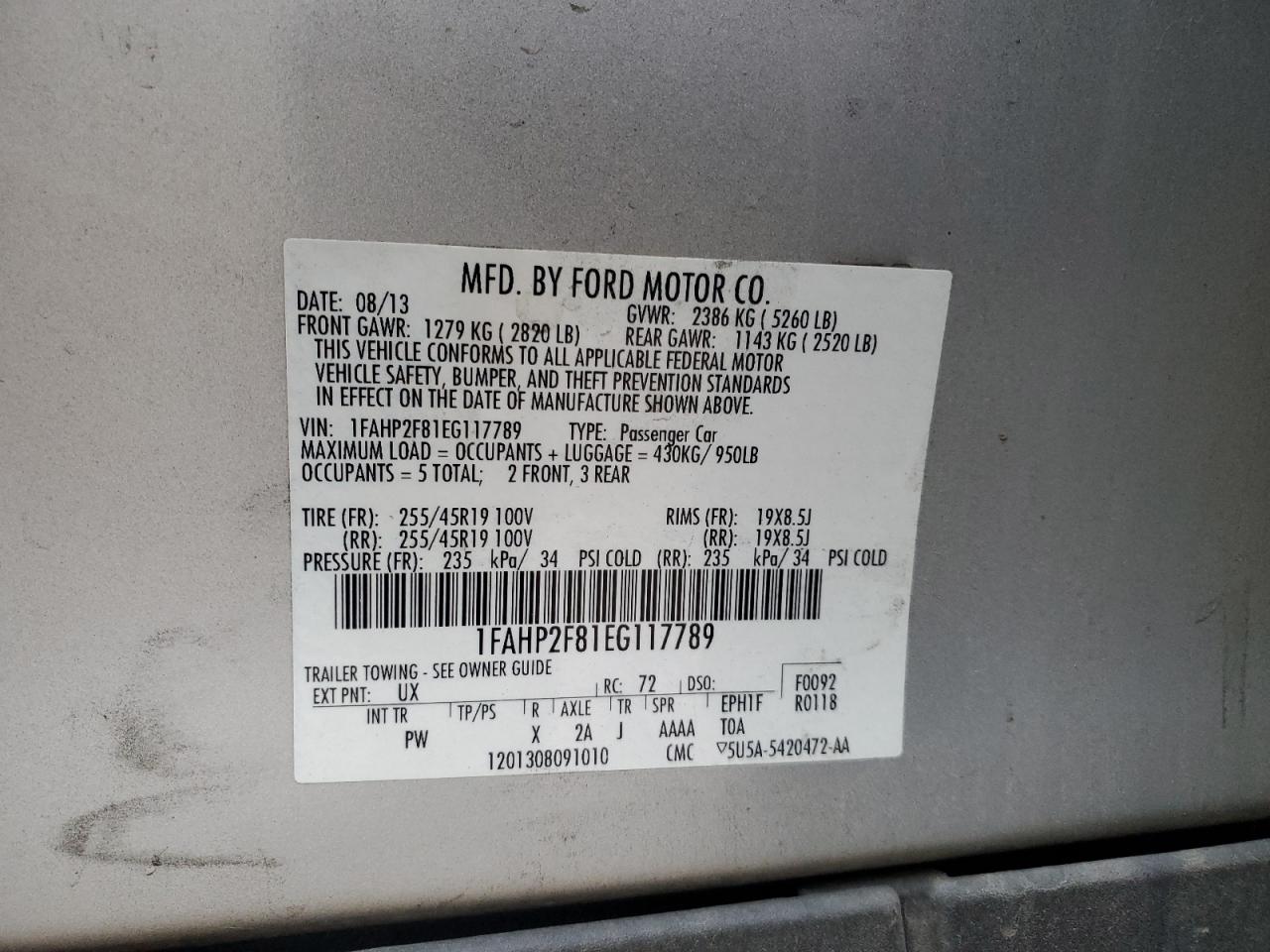 2014 Ford Taurus Limited VIN: 1FAHP2F81EG117789 Lot: 91057285