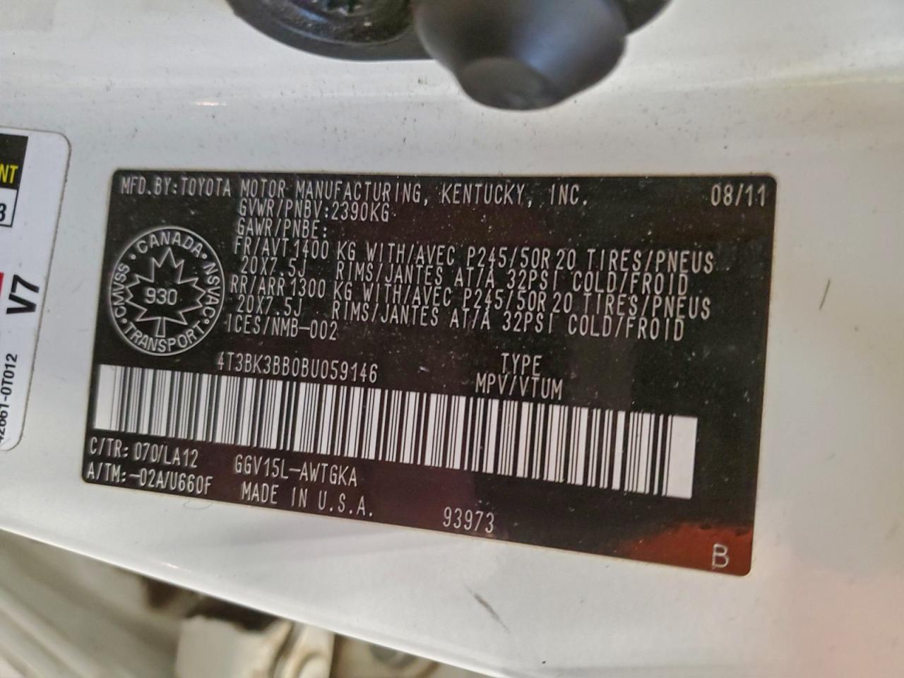 2011 Toyota Venza VIN: 4T3BK3BB0BU059146 Lot: 94792645