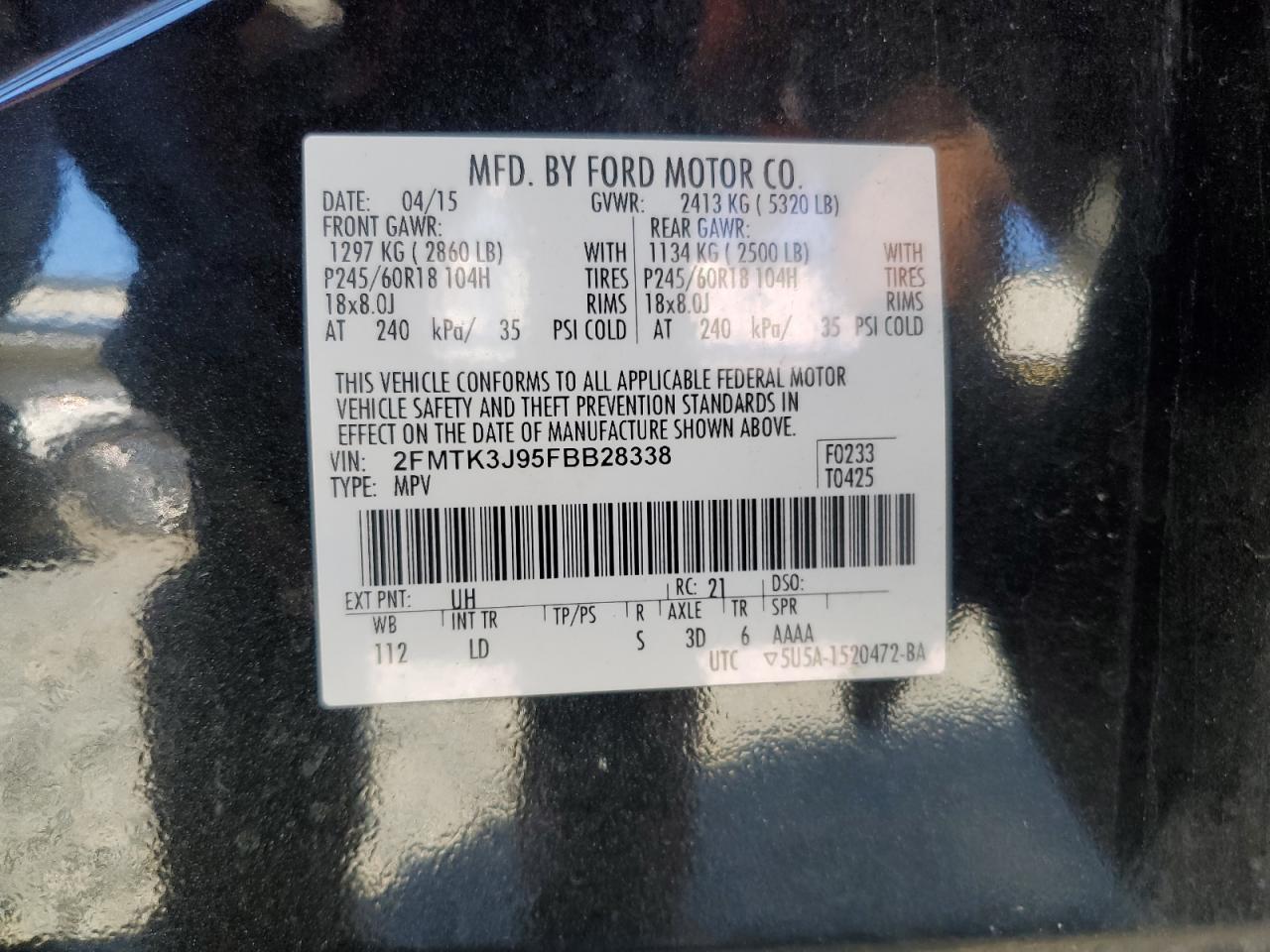 2015 Ford Edge Sel VIN: 2FMTK3J95FBB28338 Lot: 93194645