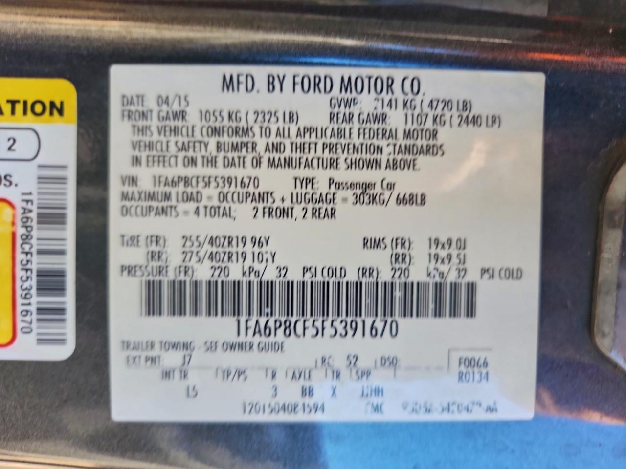 2015 Ford Mustang Gt VIN: 1FA6P8CF5F5391670 Lot: 94155975