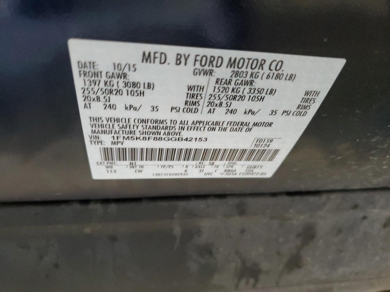 2016 Ford Explorer Limited VIN: 1FM5K8F88GGB42153 Lot: 91625495