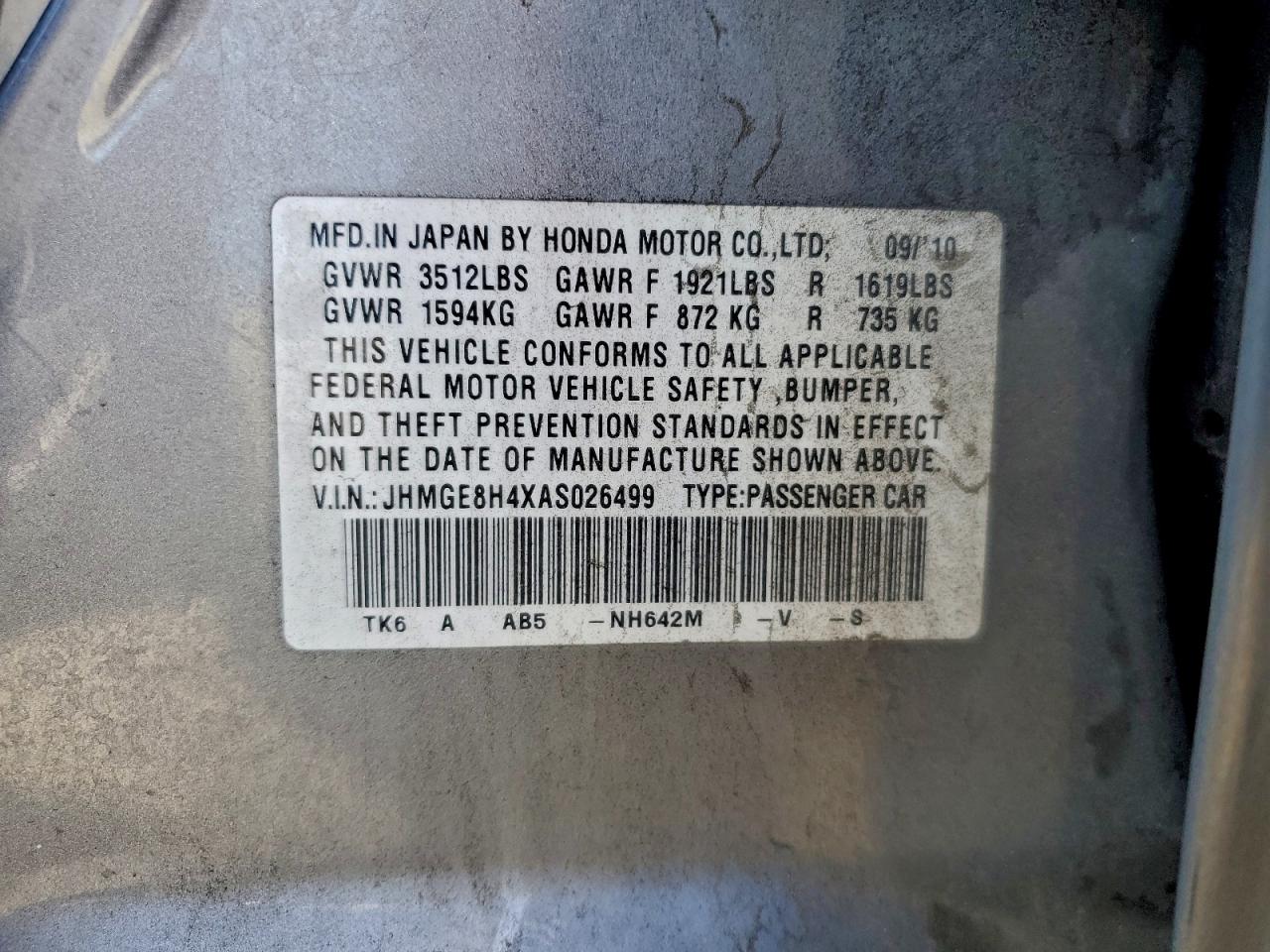 2010 Honda Fit Sport VIN: JHMGE8H4XAS026499 Lot: 94360305