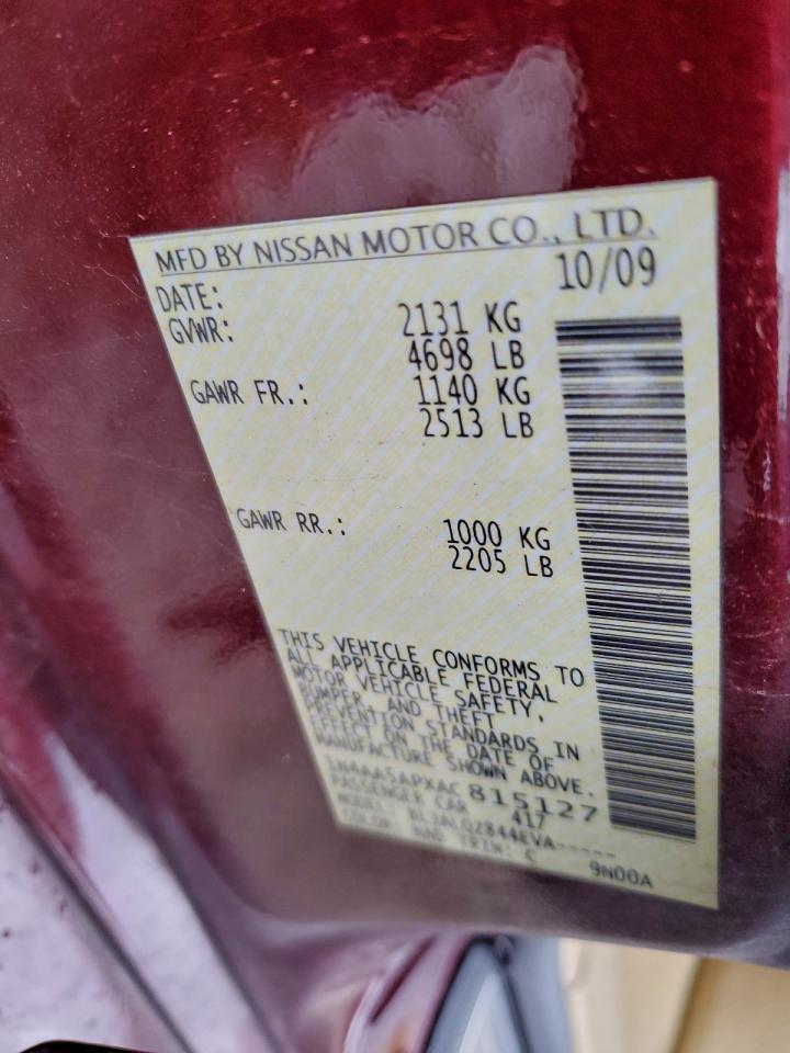 2010 Nissan Maxima S VIN: 1N4AA5APXAC815127 Lot: 94437885