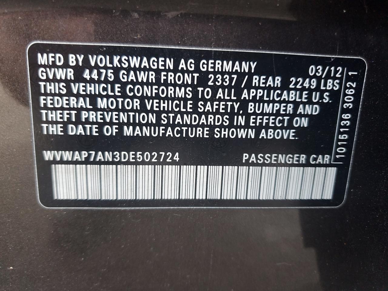 2013 Volkswagen Cc Sport VIN: WVWAP7AN3DE502724 Lot: 92210625