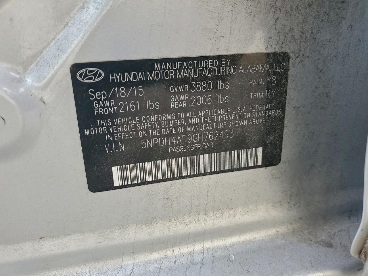 2016 Hyundai Elantra Se VIN: 5NPDH4AE9GH762493 Lot: 93759025