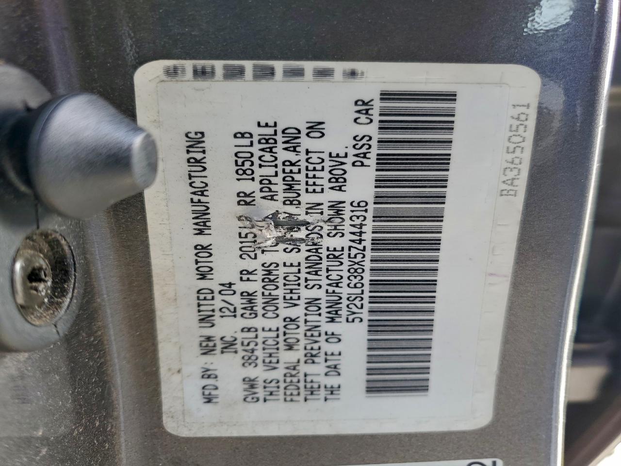 2005 Pontiac Vibe VIN: 5Y2SL638X5Z444316 Lot: 94328705