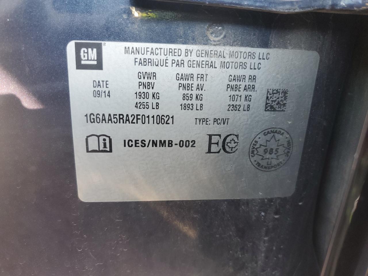 2015 Cadillac Ats VIN: 1G6AA5RA2F0110621 Lot: 94003375