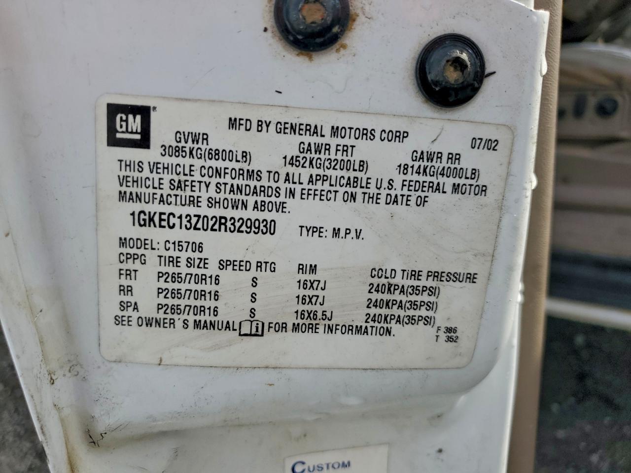 2002 GMC Yukon VIN: 1GKEC13Z02R329930 Lot: 94225385