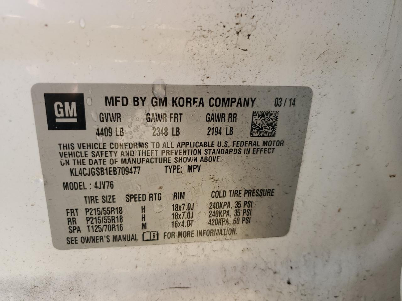 2014 Buick Encore VIN: KL4CJGSB1EB709477 Lot: 85413895