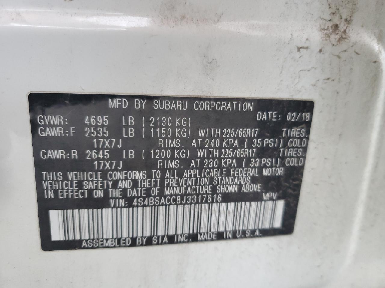 2018 Subaru Outback 2.5I Premium VIN: 4S4BSACC8J3317616 Lot: 91131135